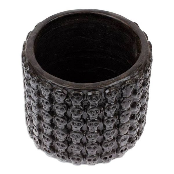 Alternate image for Handcrafted Skull-Patterned Round Black Ceramic Flower Pot Portal to the Dark Afterlife