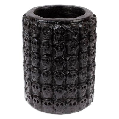 Alternate image for Skull-Patterned Black Ceramic Flower Pot from Mexico Rows of Dark Skulls