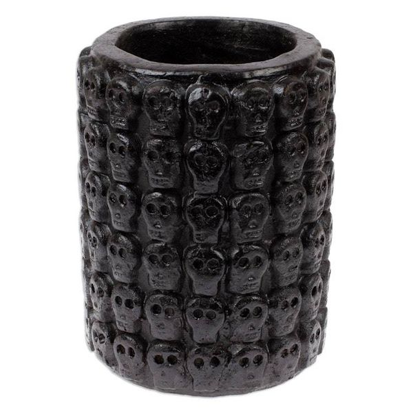Alternate image for Skull-Patterned Black Ceramic Flower Pot from Mexico Rows of Dark Skulls