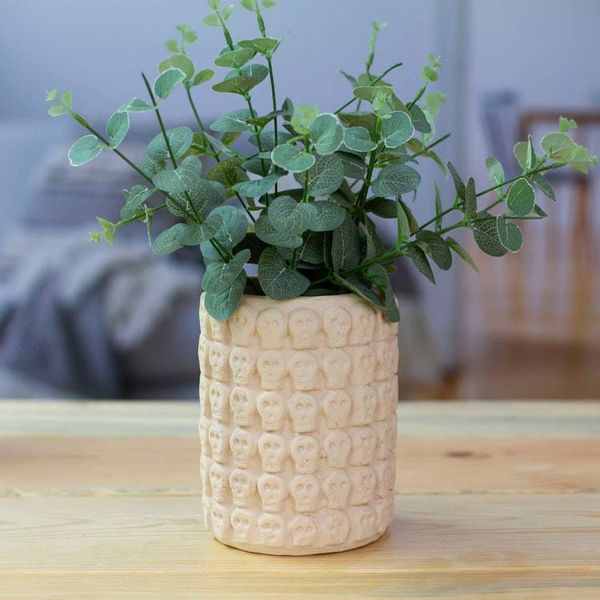 Alternate image for Skull-Patterned White Ceramic Flower Pot from Mexico Rows of White Skulls