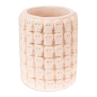 Alternate image for Skull-Patterned White Ceramic Flower Pot from Mexico Rows of White Skulls