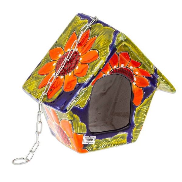 Alternate image for Hand-Painted Talavera Ceramic Bird Feeder in Green and Blue Lime Arcadia