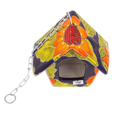 Alternate image for Hand-Painted Talavera Ceramic Bird Feeder in Green and Blue Lime Arcadia