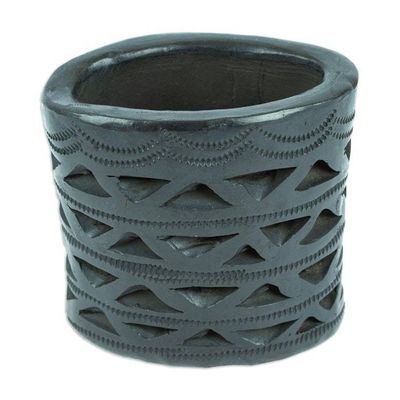 Alternate image for Mexican Handmade Barro Negro Black Ceramic Mini Flower Pot Oval Half Diamonds