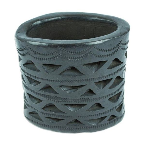 Alternate image for Mexican Handmade Barro Negro Black Ceramic Mini Flower Pot Oval Half Diamonds