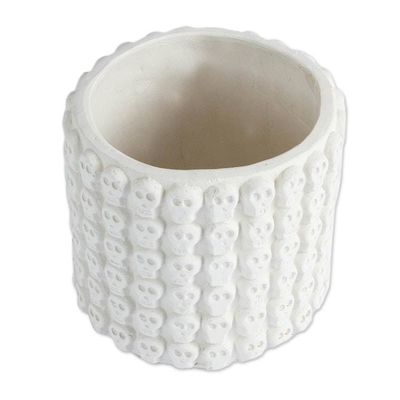 Alternate image for White Skull Pattern Ceramic Flower Pot from Mexico Rows of White Skulls