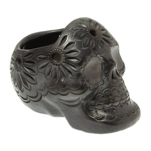 Alternate image for Handcrafted Black Ceramic Skull Planter Revival