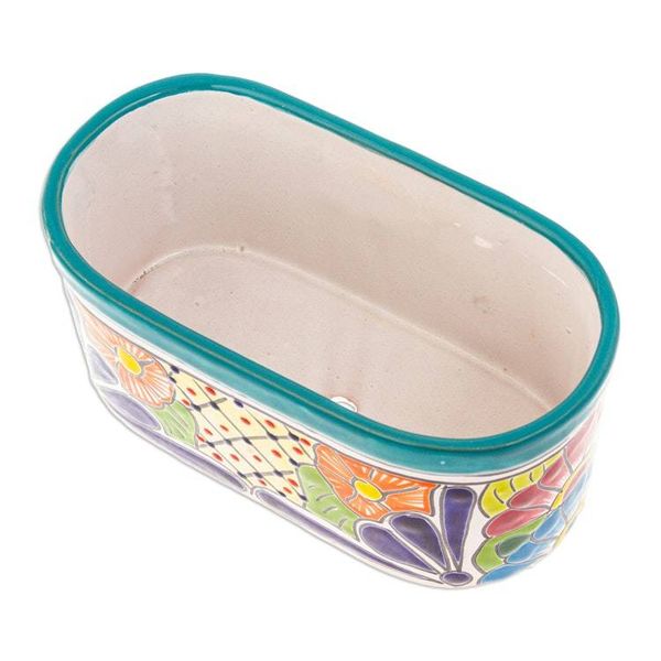 Alternate image for Handcrafted Floral Talavera Ceramic Flower Pot from Mexico Oblong Hacienda in Teal
