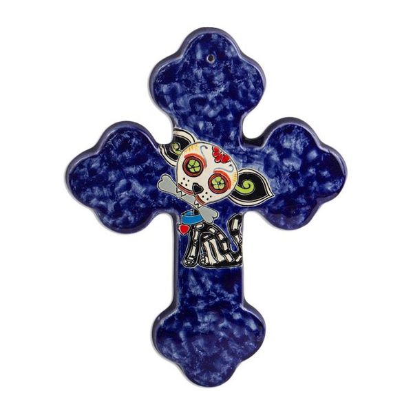 Alternate image for Hand Painted Dog-Themed Ceramic Wall Cross Catrina Pup