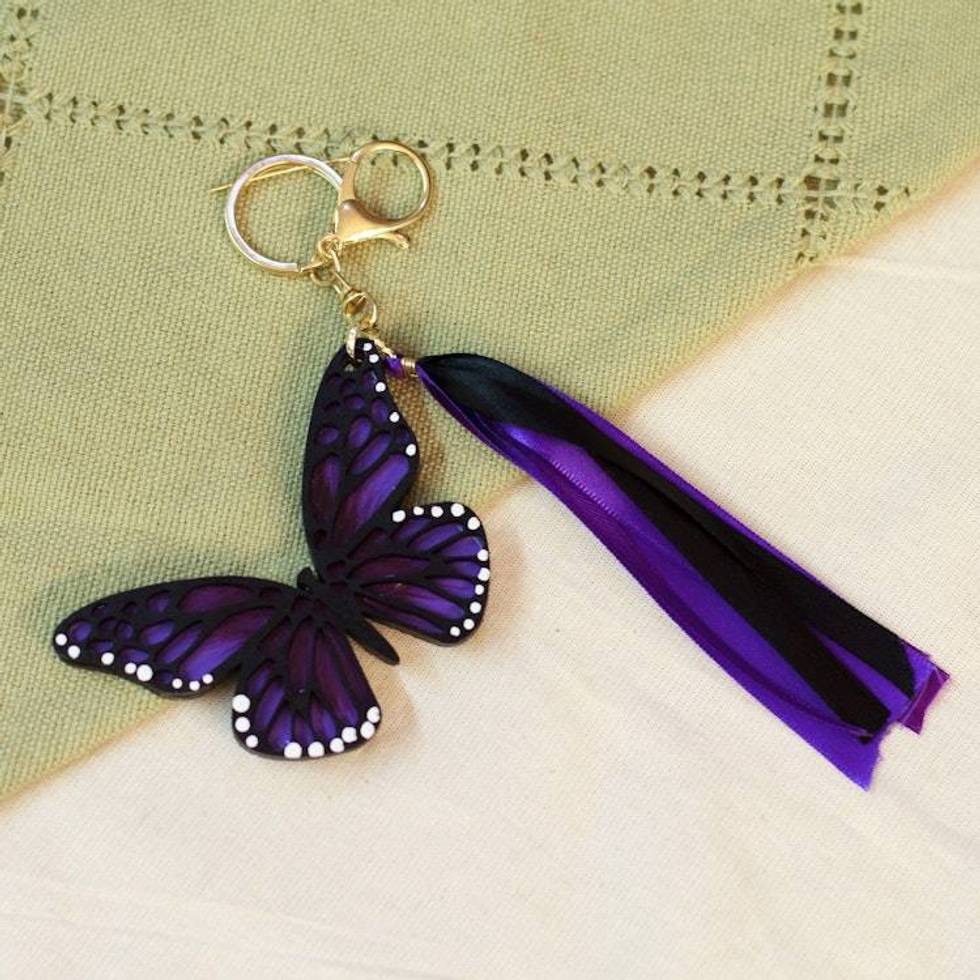 Hand-Painted Wood Butterfly Keychain and Bag Charm in Purple 'Monarchs of Hope'