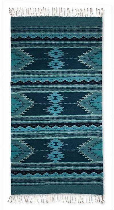 Alternate image for Blue Geometric Zapotec Wool Area Rug 2.5x5 Midnight Blue
