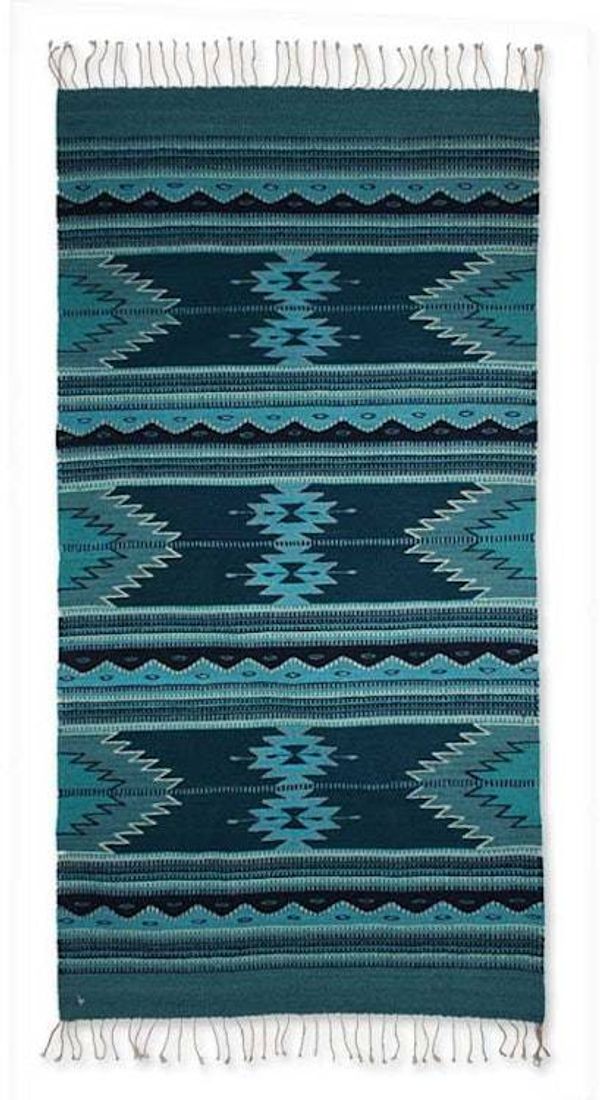 Alternate image for Blue Geometric Zapotec Wool Area Rug 2.5x5 Midnight Blue
