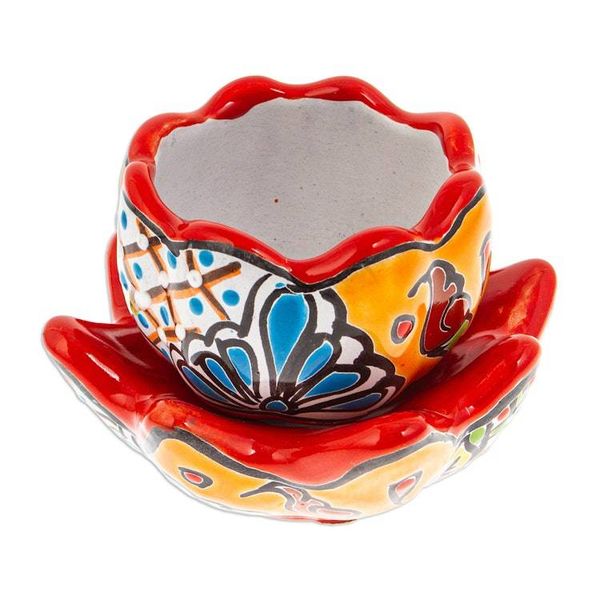 Alternate image for Handcrafted Floral Ceramic Pot with Saucer in Strawberry Talavera Eden in Strawberry