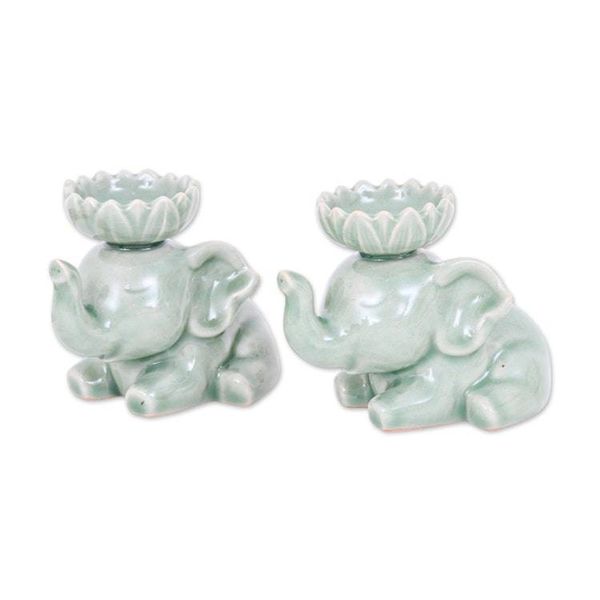 Alternate image for Thai-Made Celadon Ceramic Elephant Incense Holder Pair Grand Peace