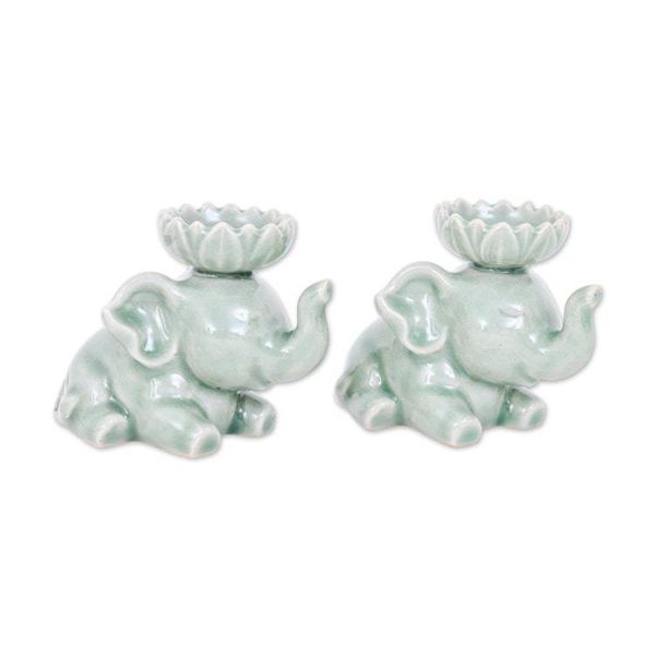 Alternate image for Thai-Made Celadon Ceramic Elephant Incense Holder Pair Grand Peace