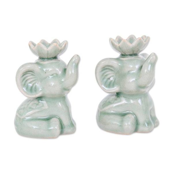 Alternate image for Pale Green Celadon Ceramic Elephant Incense Holder Pair Tranquil Trunks