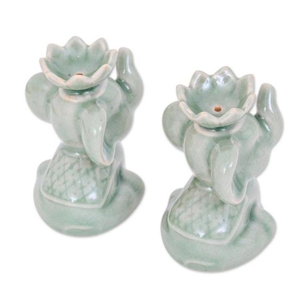 Alternate image for Pale Green Celadon Ceramic Elephant Incense Holder Pair Tranquil Trunks
