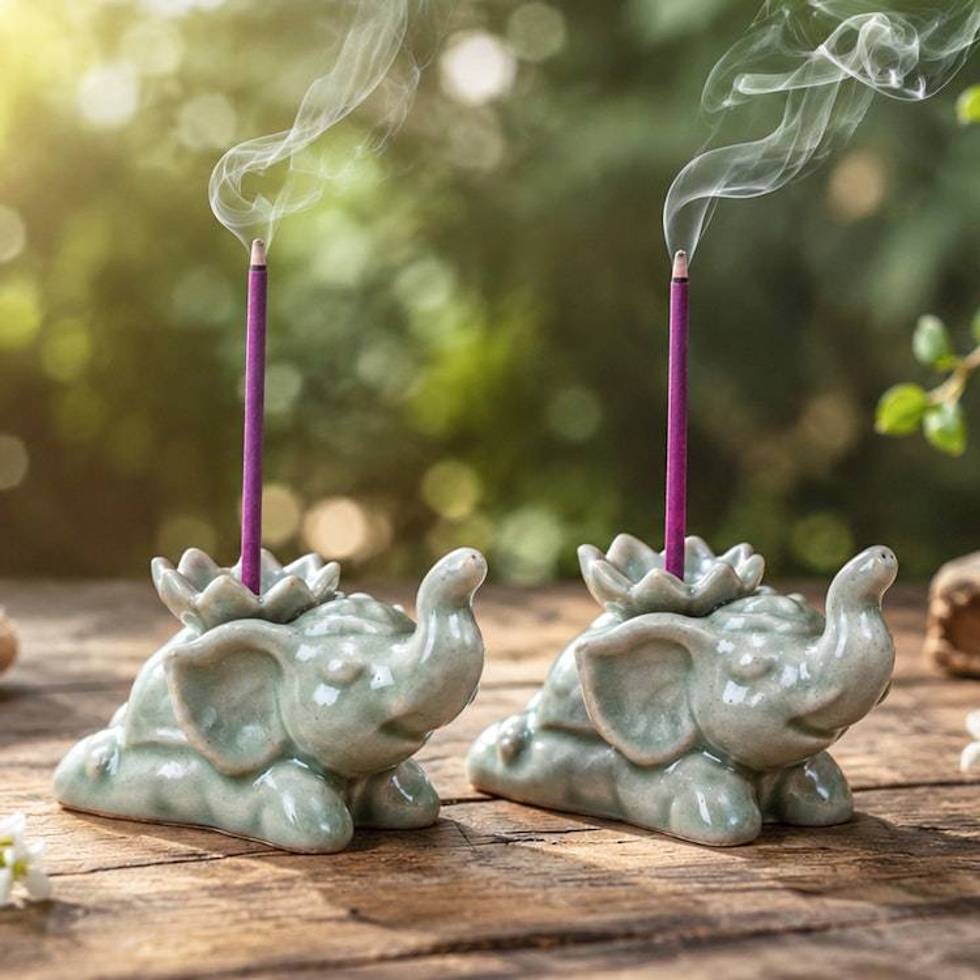 Elephant-Shaped Green Celadon Ceramic Incense Holder Pair 'Wind Sages'