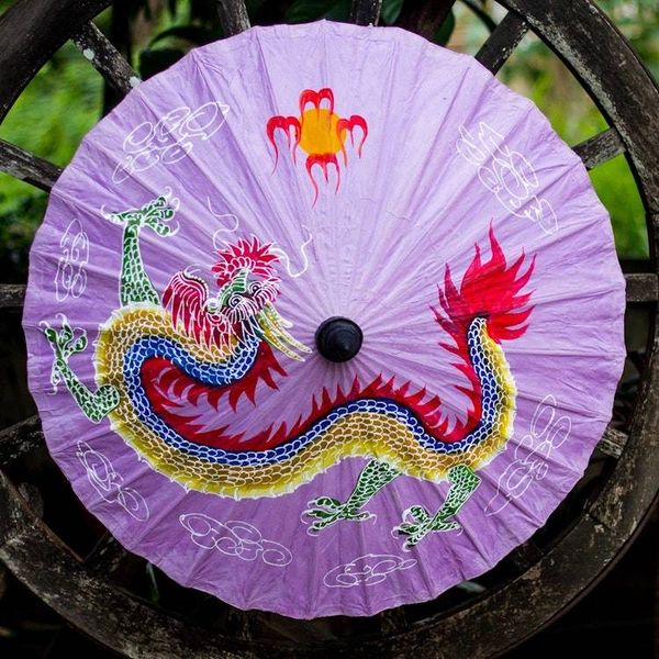 Alternate image for Lavender Saa Paper Parasol with Dragon Painting Festive Dragon