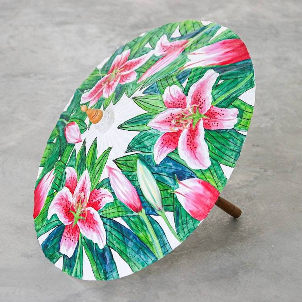 Hand-Painted Lily-Themed Cotton and Bamboo Parasol 'Lily Days'