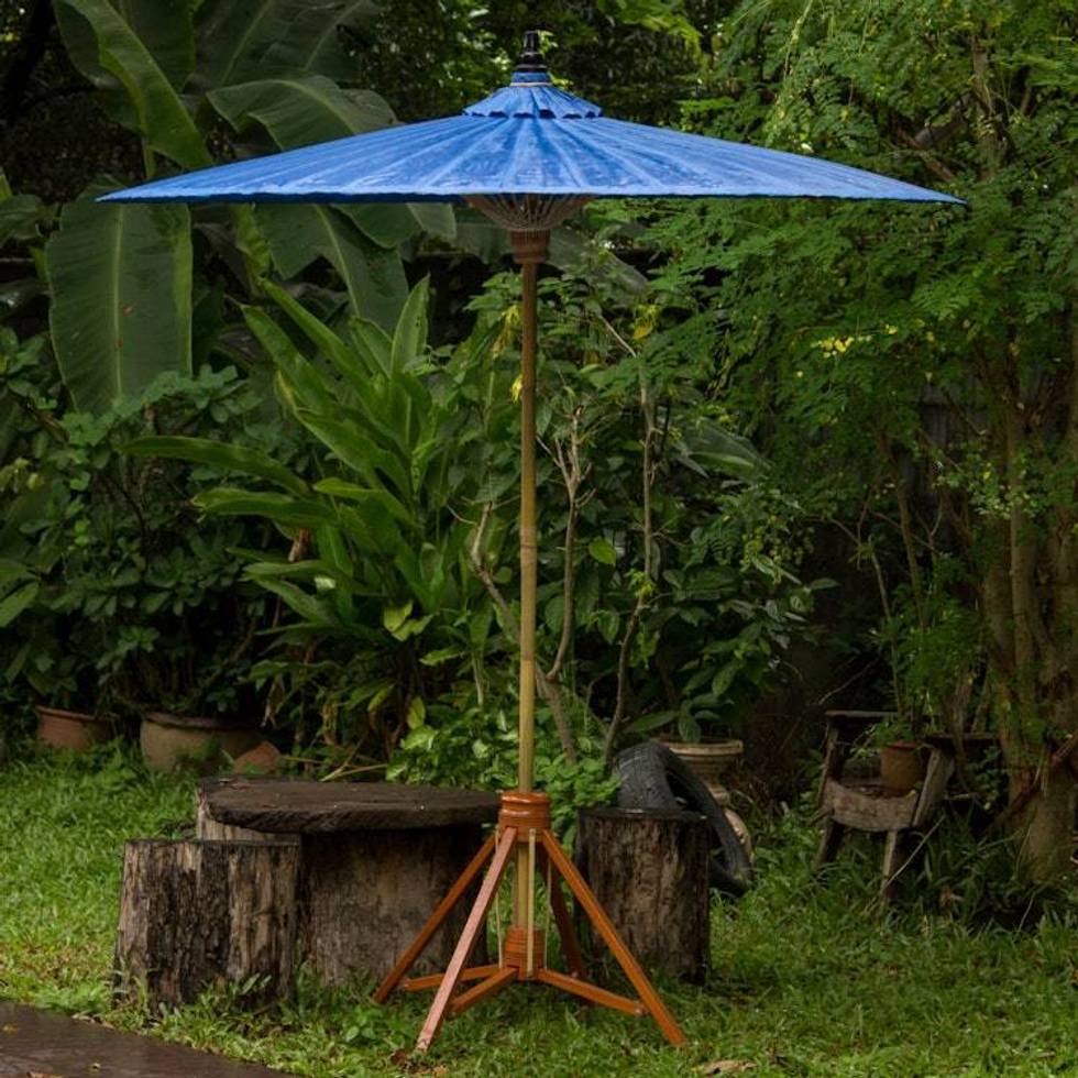 Fair Trade Garden Decor Cotton and Bamboo Umbrella 'Happy Garden in Blue'