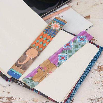 Primary image for Folk-Art-Inspired 2-Piece Painted Wood Elephant Bookmark Set Thai Adventures
