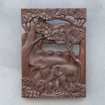 Alternate image for Hand Made Teak Wood Elephant Relief Panel Joyful Family