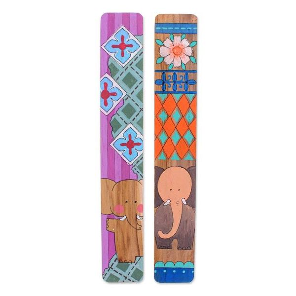 Alternate image for Folk-Art-Inspired 2-Piece Painted Wood Elephant Bookmark Set Thai Adventures