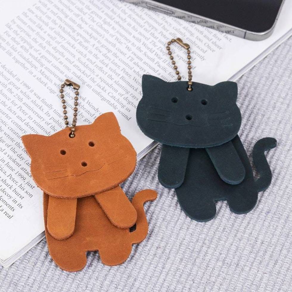 Two Brown and Teal Leather Cat Keychains with Brass Chains 'Charming Kitties'