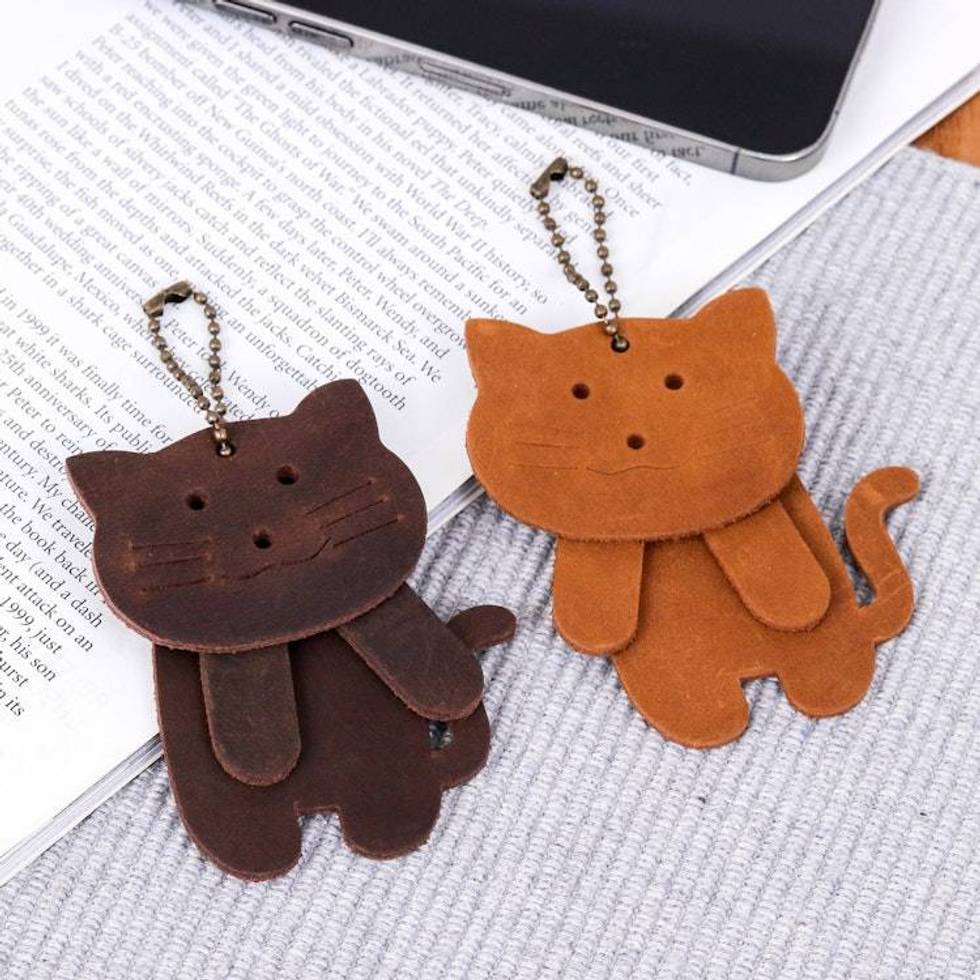 Pair of Leather Cat Keychains in Chocolate and Brown Hues 'Kind Kitties'