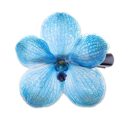 Alternate image for Glossy Resin-Coated Blue Natural Orchid Metallic Hair Clip Blue Whisper