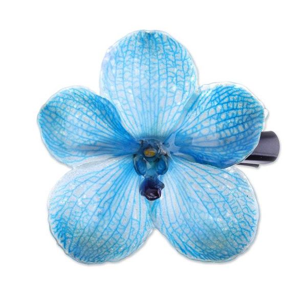 Alternate image for Glossy Resin-Coated Blue Natural Orchid Metallic Hair Clip Blue Whisper