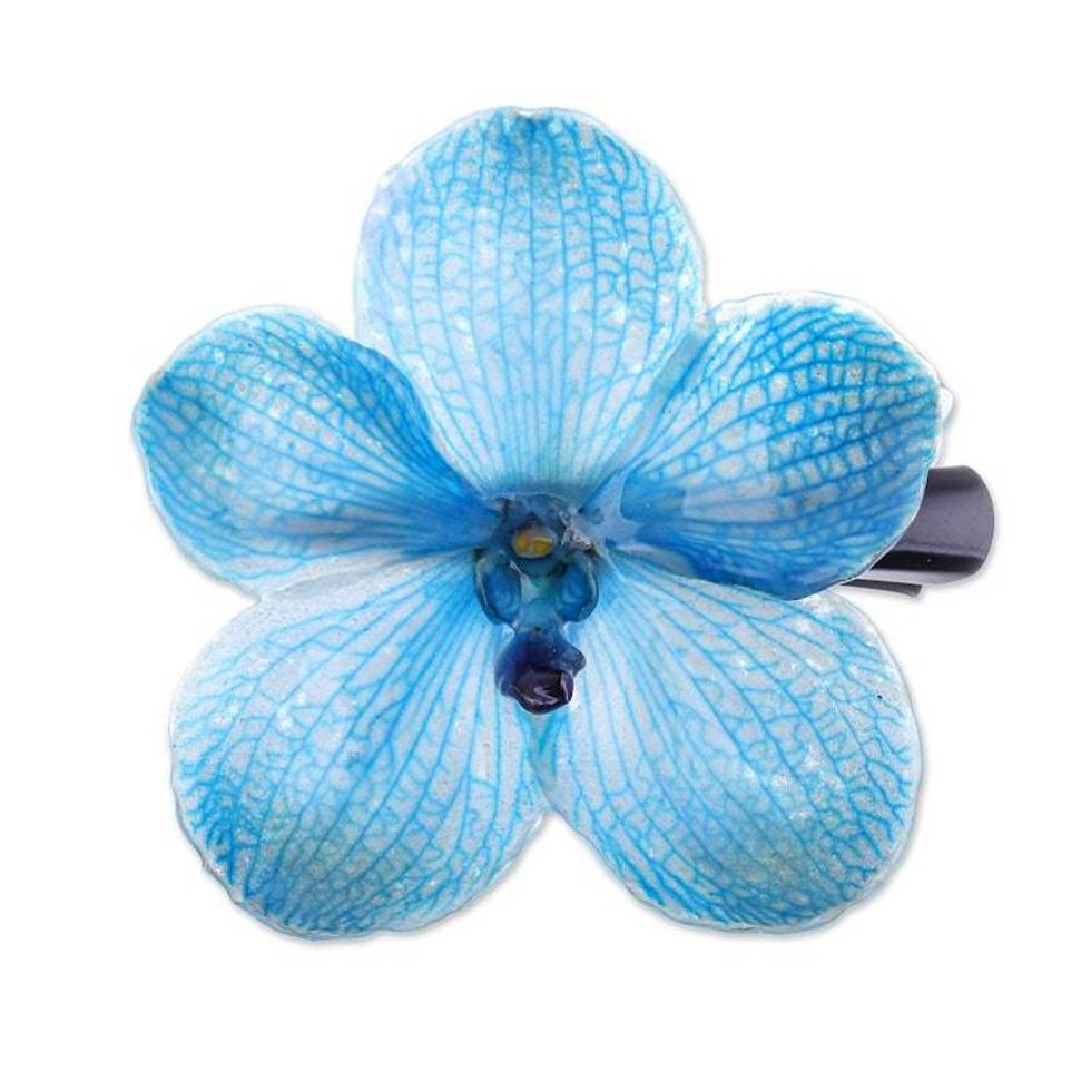 Glossy Resin-Coated Blue Natural Orchid Metallic Hair Clip 'Blue Whisper'