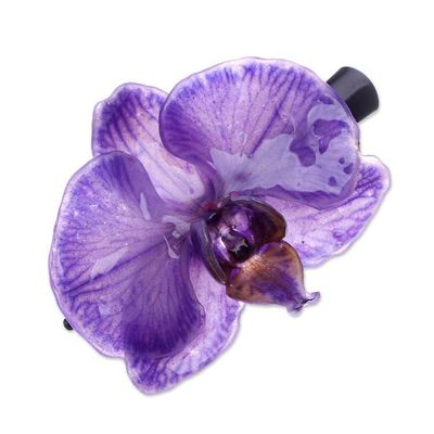 Alternate image for Bohemian Floral Resin-Coated Natural Purple Orchid Hair Clip Purple Whisper