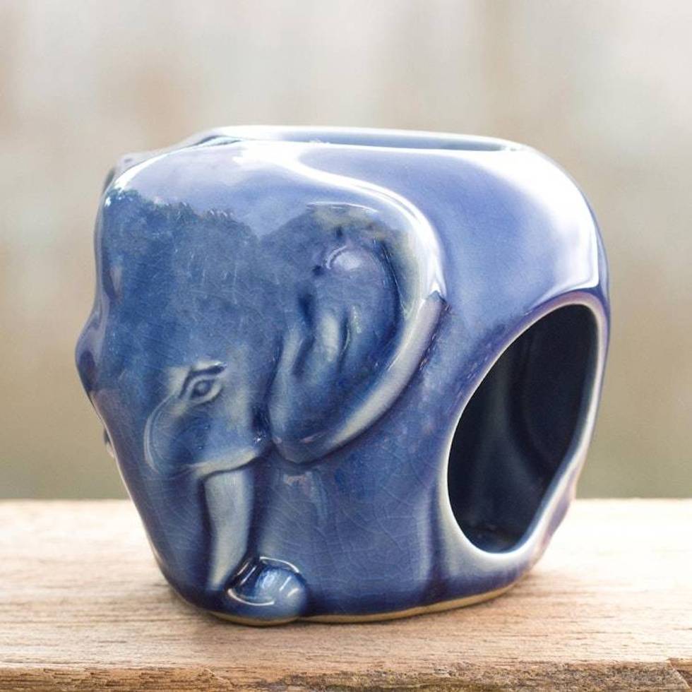 Celadon Ceramic Oil Warmer 'Sapphire Elephant'
