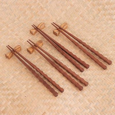 Alternate image for 4 Pairs of Teak Wood Chopsticks with Rests from Thailand Tasty Meal