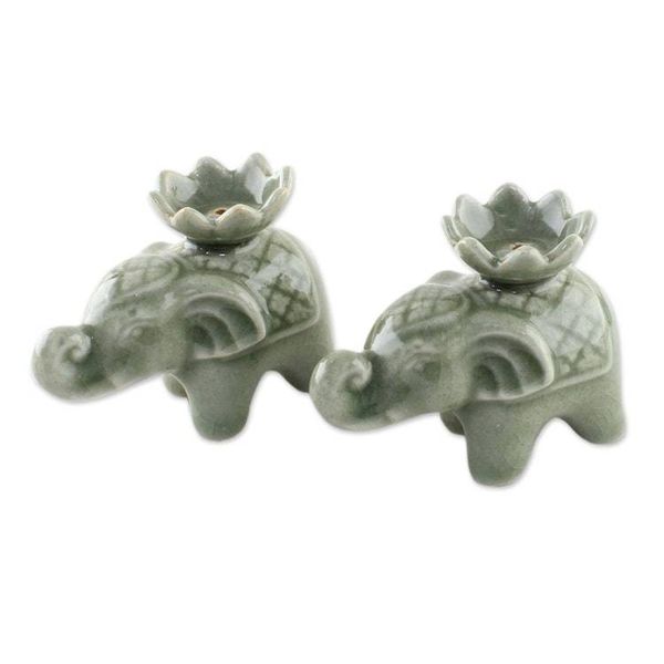 Alternate image for Elephant and Lotus Ceramic Incense Holders from Thailand 2 Lotus Elephant