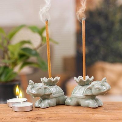 Alternate image for 2 Elephant-Shaped Green Celadon Ceramic Incense Holders Green Pachyderm Beauty