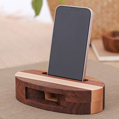 Alternate image for Hand-Carved Oval Brown Walnut and Maple Wood Phone Speaker Vivacious Sound