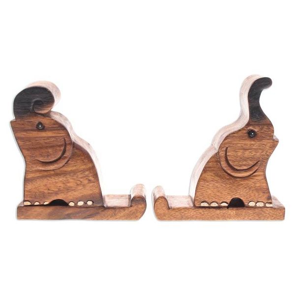 Alternate image for Set of Two Hand-Carved Elephant Raintree Wood Phone Holders Giant Help