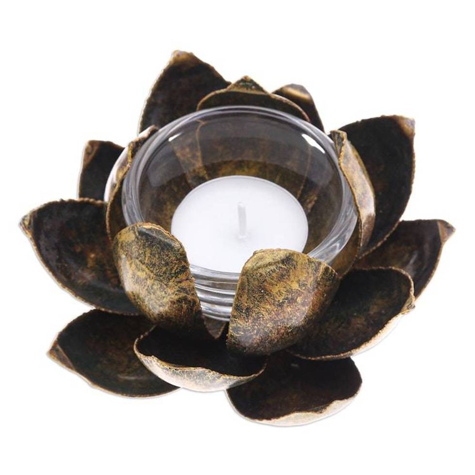 Handmade Antique Finished Steel Lotus Flower Tealight Holder 'Precious Lotus in Gold'