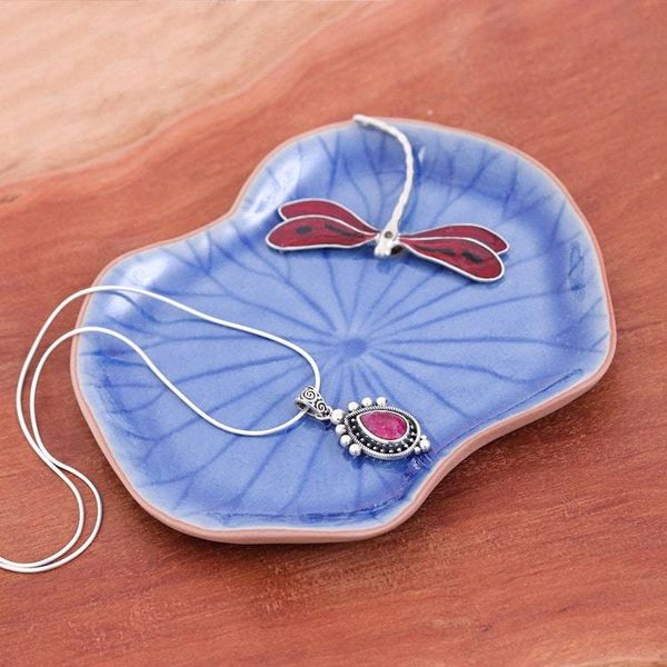Alternate image for Blue Celadon Ceramic Catchall with Red Dragonfly Accent Delightful Dragonfly