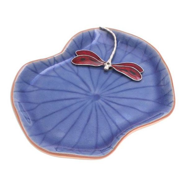 Alternate image for Blue Celadon Ceramic Catchall with Red Dragonfly Accent Delightful Dragonfly