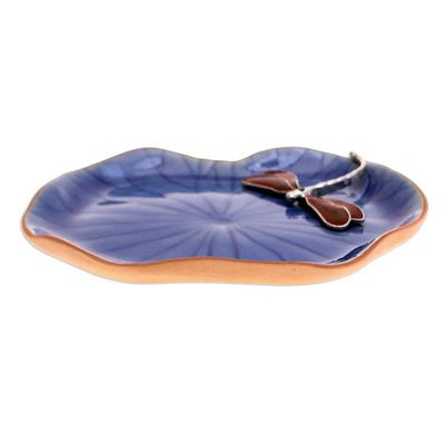 Alternate image for Blue Celadon Ceramic Catchall with Red Dragonfly Accent Delightful Dragonfly