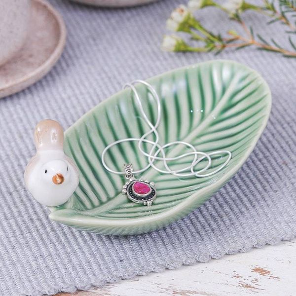 Alternate image for Handcrafted Bird-Themed Leaf-Shaped Green Ceramic Catchall Chants of Harmony