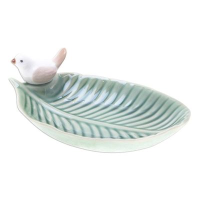 Alternate image for Handcrafted Bird-Themed Leaf-Shaped Green Ceramic Catchall Chants of Harmony