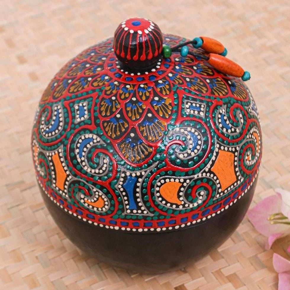 Hand-Painted Red Mango Wood Decorative Box from Thailand 'Floral Circle in Red'