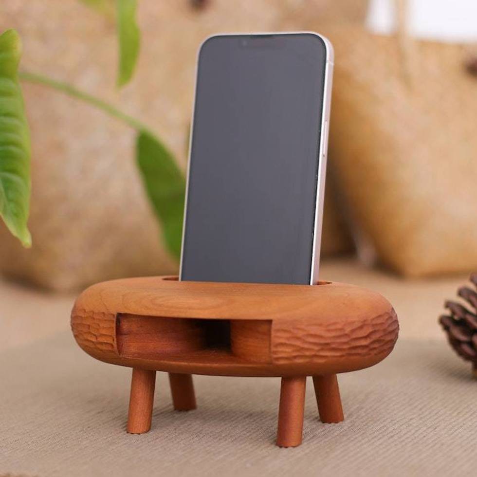 Hand-Carved Ovoid Teak Wood Phone Speaker from Thailand 'Ovoid Traces'