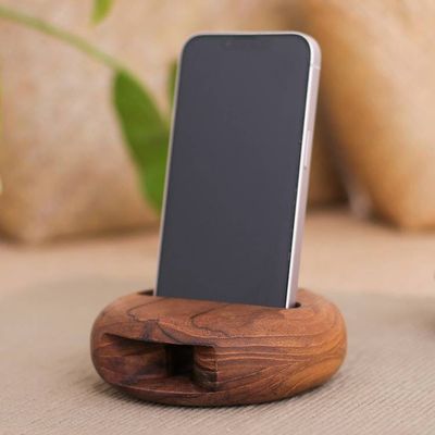 Alternate image for Round Teakwood Phone Speaker Hand-Carved in Thailand Dorayaki