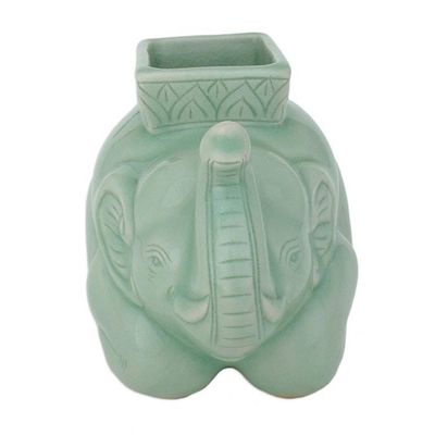 Alternate image for Handcrafted Celadon Ceramic Pencil Stand Kneeling Elephant